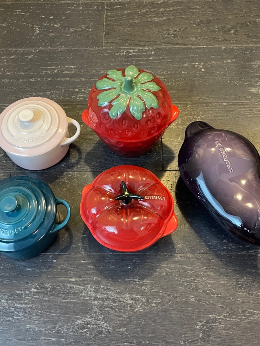 Le Creuset Mini Cocotte Set of 5 Strawberry Tomato Eggplant Pink Blue Stoneware